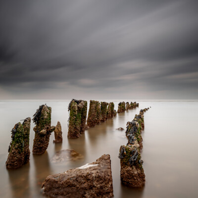 Palen in zee voor grijze lucht